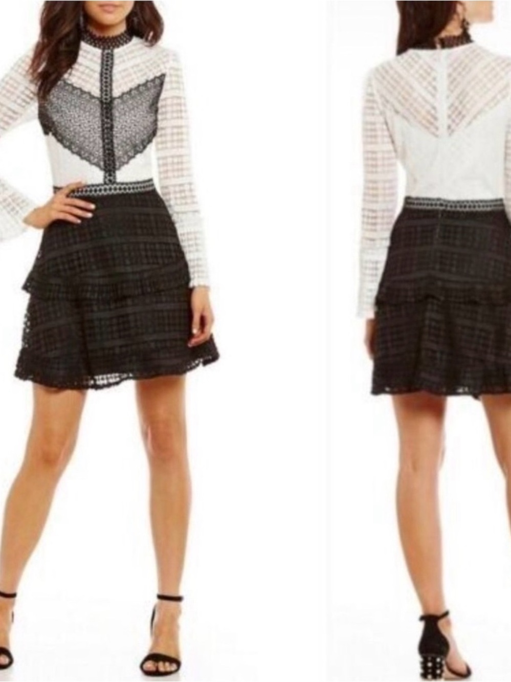 Gianni Bini Liv Up All Night Black White Lace Dress Long Sleeve Size Large
